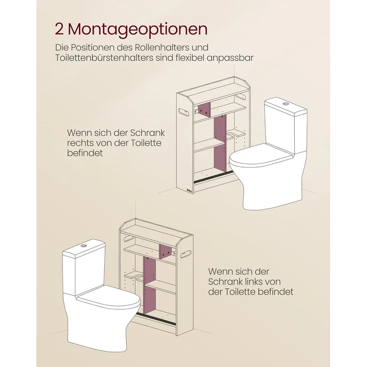 Vasagle Badezimmerschrank, Badschrank platzsparend, Toilettenrollenhalter, Toilettenbürstenhalter, Schiebetüren, verstellbare Einlegeböden, neben der Toilette, 20 x 60 x 80 cm, wolkenweiß BBC752W01 – Bild 6