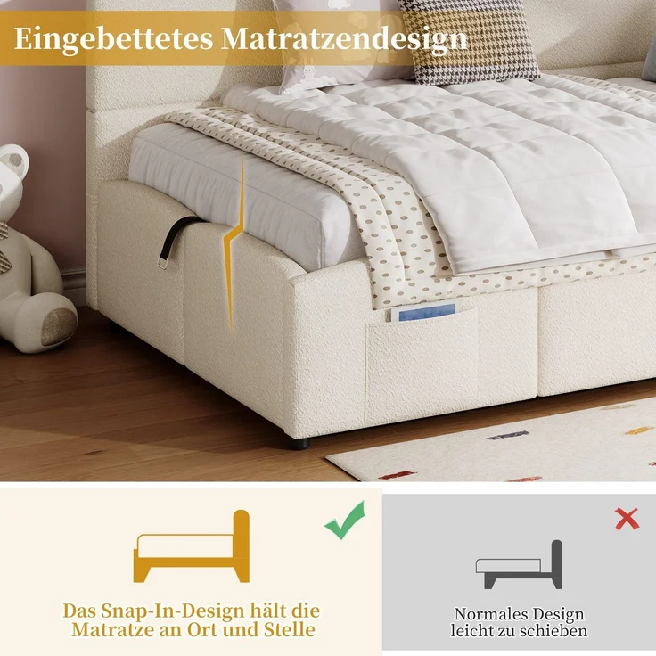 Polsterbett mit Aufbewahrung, Taschen, Lattenrost, USB und Type-C, 90x200 cm, Einzelbett mit gepolstertem Kopfteil, Samt – Bild 2