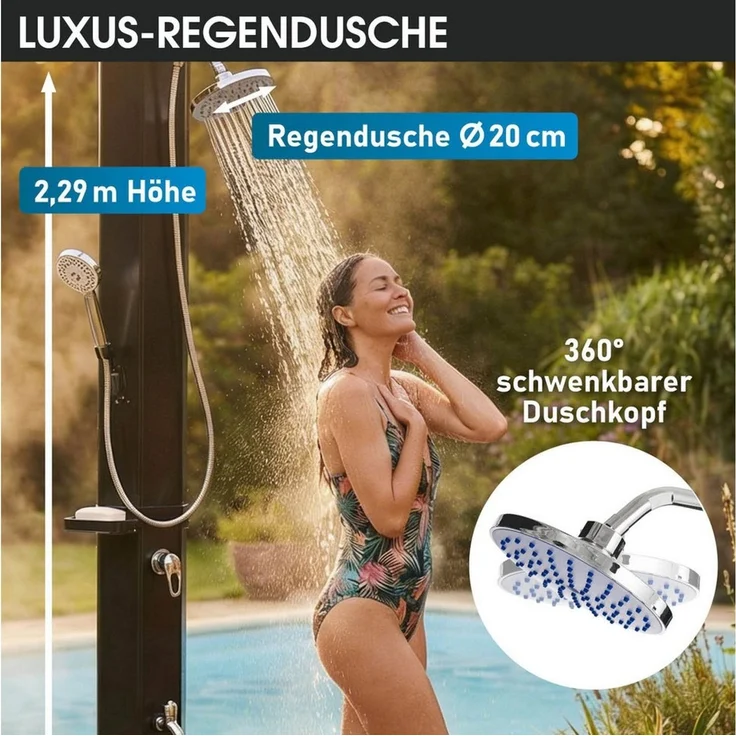 BRAST Gartendusche 3in1 Solardusche, 40-60 Liter, Handbrause & Fußdusche (ohne Stromanschluss, inkl. Standmatte Abdeckcover & Seifenhalterung), Gartenschlauch-Anschluss – Bild 2