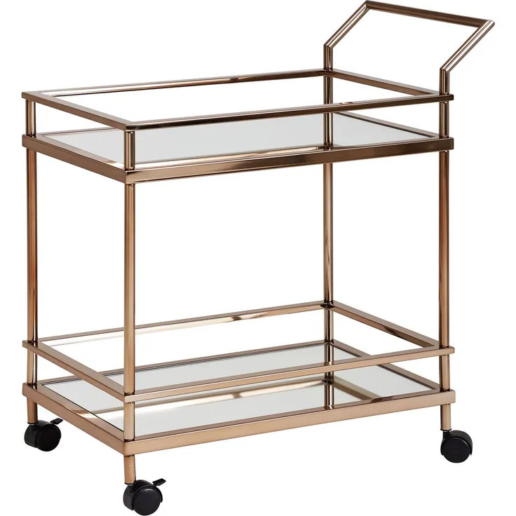 Wohnling Design Servierwagen Dunkles Gold 2 Ebenen mit Bremsen | Beistelltisch auf Rollen | Speisewagen mit Glasplatte | Küchenwagen | Teewagen