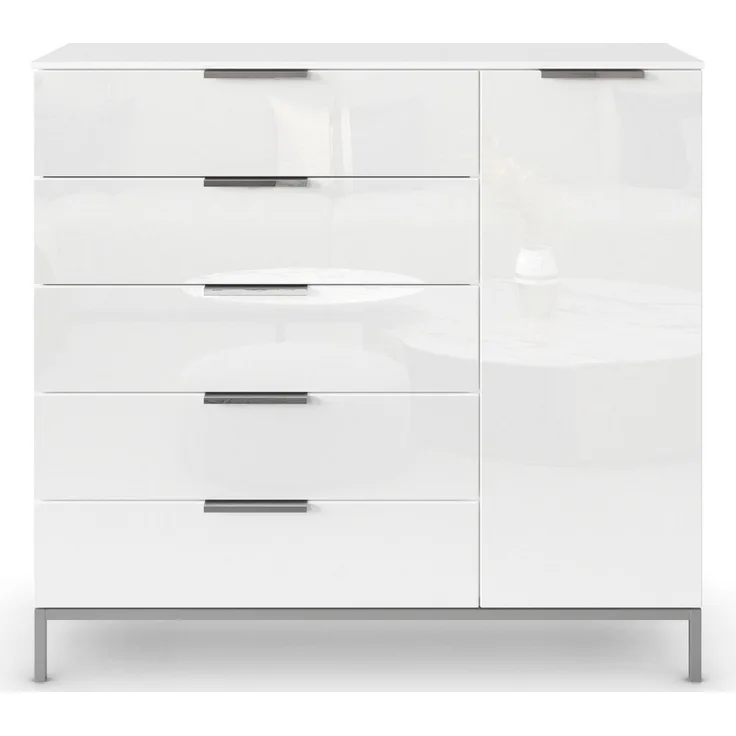 Rauch Möbel Flipp, Kommode mit Stauraum für Wohnzimmer, Schlafzimmer, Flur, 2 Fachböden, mit Metallkufe chrom, Alpinweiß/Glasfront Weiß, 1-türig, 5 Schubkästen, Griffe chrom, 120 x 111 x 42 cm