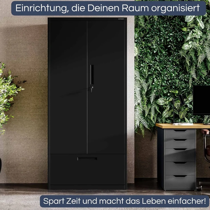Metallschrank mit Hohe Schublade RUEL - 195x90x40cm Schwarz | Büroschrank Aktenschrank Stahlschrank Fachbodenschrank Werkstattschrank – Bild 3
