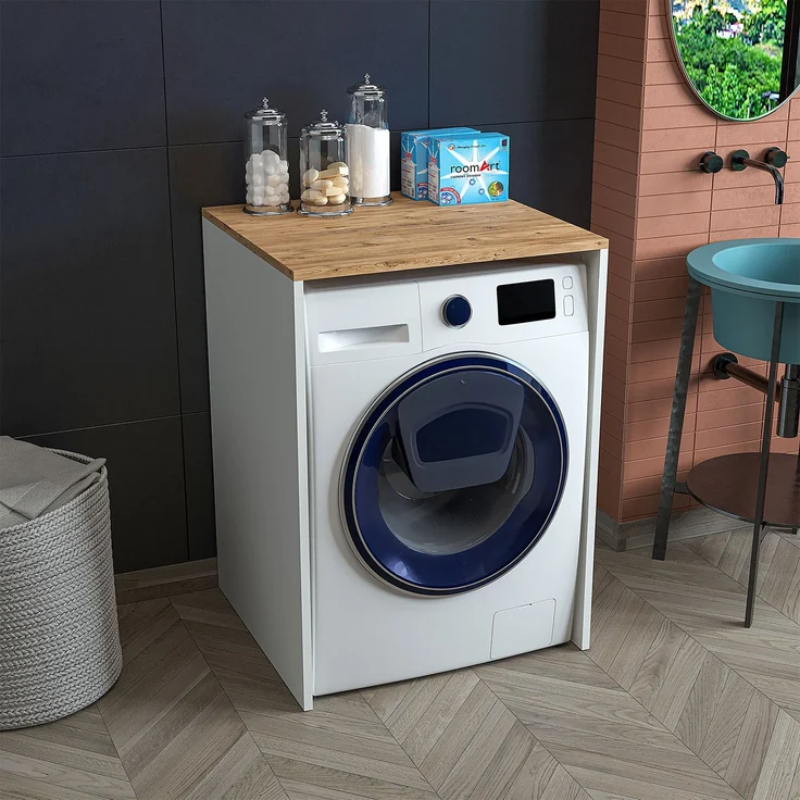 Roomart Badezimmer Waschmaschinenschrank - SERIE ATLANTIC-IV- 65 cm breit, Badezimmerschrank für Waschmaschine – 65 × 90 × 60 cm – Weiß-Eiche oder Anthrazit-Eiche – platzsparend & modern • Weiß-Eiche – Bild 3