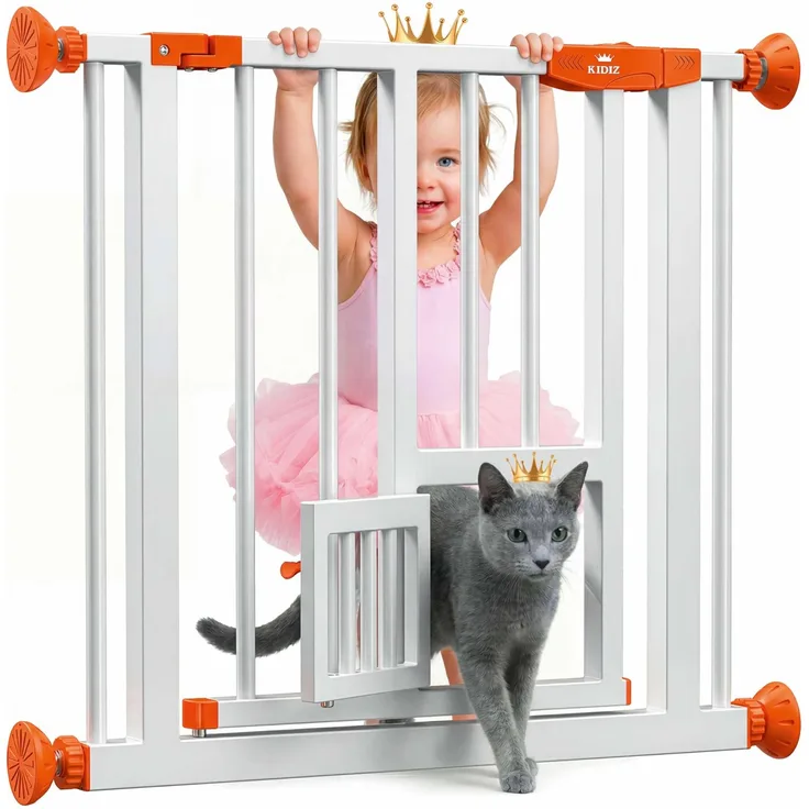 KIDIZ® Absperrgitter zum Klemmen mit Katzenklappe, Türschutzgitter, Autoclose Kinder Treppengitter ohne Bohren | 90° Stopp Schutz, schwenkbar, Treppenschutzgitter Orange, 74 - 80 cm