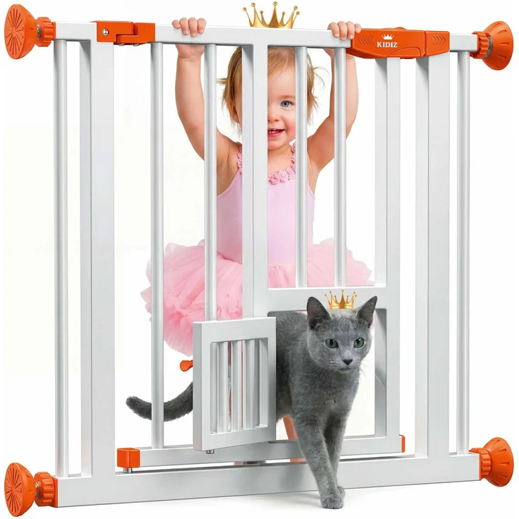 KIDIZ® Absperrgitter zum Klemmen mit Katzenklappe, Türschutzgitter, Autoclose Kinder Treppengitter ohne Bohren | 90° Stopp Schutz, schwenkbar, Treppenschutzgitter Orange, 74 - 80 cm – Bild 1