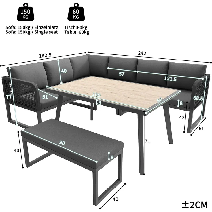Merax Gartenmöbel Set mit Sitzkissen & Rückenkissen, Garten-Lounge-Set, Garten Loungesessel für 6-8 Personen, SetHandgeflochtene PE-Rattan Polstergruppe, Grau – Bild 4