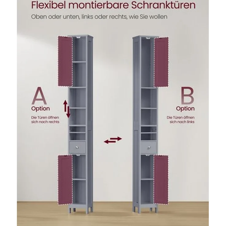 VASAGLE Badezimmerschrank, Badschrank, hoch, schmaler Aufbewahrungsschrank, mit verstellbaren Ablagen, Schublade, offenen Fächern, für kleine Räume, modern – Bild 4