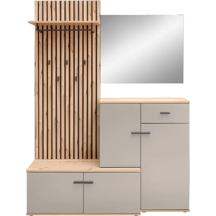 XORA 'FYNN' Garderoben-Set in Lamellen-Optik, Holznachbildung Kaschmir, 148 x 199 x 38 cm, mit Spiegel und Schublade – Bild 3