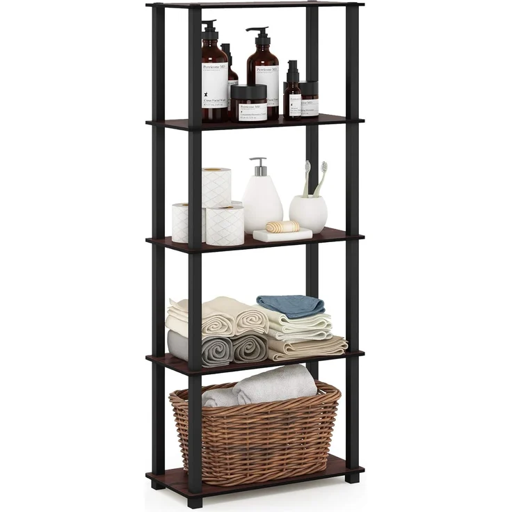 Furinno 5-Ebenen Mehrzweck-Regal mit quadratischen Rohren, holz, Dunkle Kirsche/Schwarz, 29. 46x59. 94x145. 8 cm