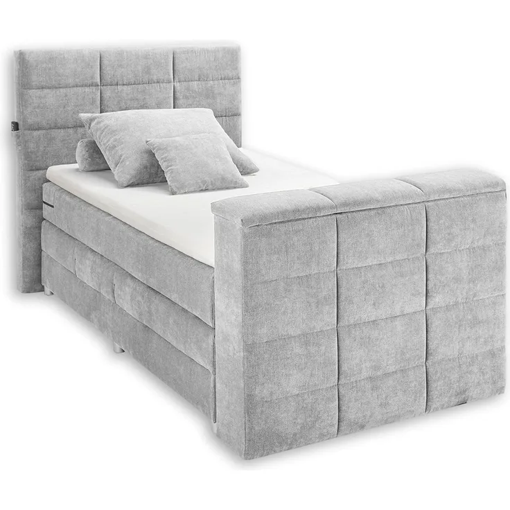 DENVER 6 Boxspringbett 120x200 mit Bettkasten, Silber - Bequemes Doppelbett mit 7-Zonen Federkern Matratze und Topper - 134 x 123 x 240 cm (B/H/T)
