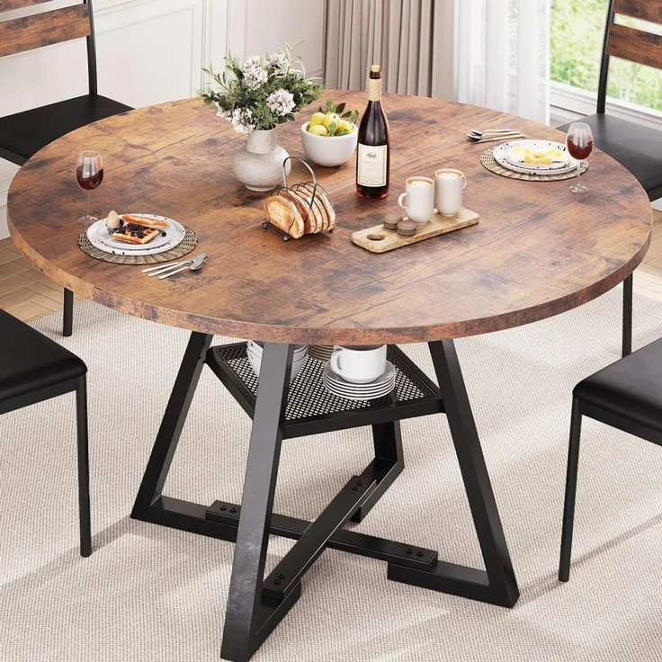 Jocoevol Esstisch Runder für 2–4 Personen, Esszimmertisch mit Ablage, platzsparender Küchentisch aus Holz im Industrial Design (Vintage Braun, 107 x 107 x 76 cm)