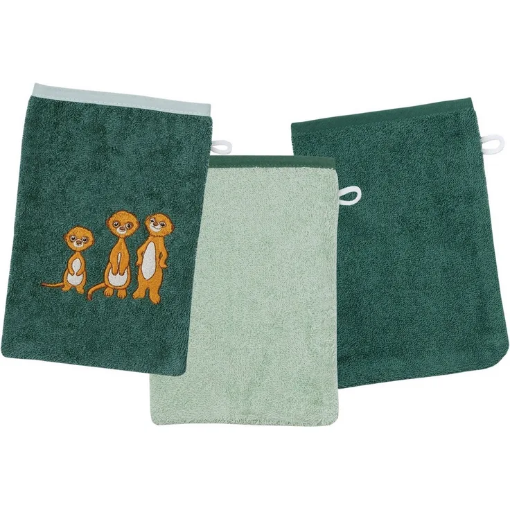 Wörner Waschhandschuh Erdmännchen Waschhandschuh 3er Set, (3-St), 1x Stickerei Erdmännchen, 2x unifarben