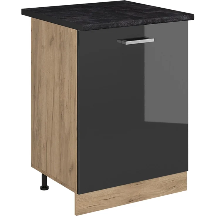 Küchenunterschrank R-Line Anthrazit Hochglanz/Goldkraft Eiche 60 cm mit 1 Tür Arbeitsplatte Anthrazit Vicco – Bild 1