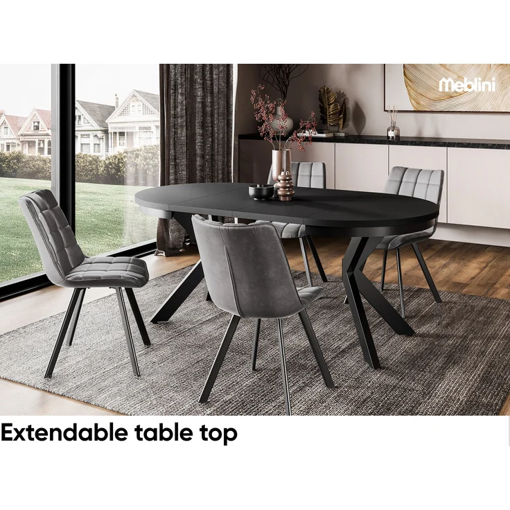 MEBLINI Esstisch Rund Ausziehbar aus Metall - 100-176x77cm - BAGIO - Schwarz Matt - Loft - Esszimmertisch Modern - Küchentisch - Ausziehtisch - Round Dining Table - Esszimmertische – Bild 3