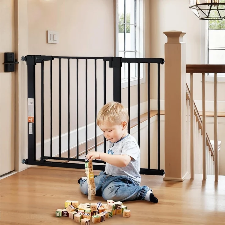 COMOMY 75-110cm Treppenschutzgitter Ohne Bohren, Türschutzgitter Auto Close, Türgitter für Baby, Kinder, Hund und Katze, Absperrgitter 90° Stop/ inkl. 3 Verlängerung (76cm Hoch, Schwarz)