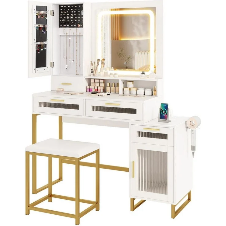 COSTWAY Schminktisch (1-St), mit LED & Ladestation, Hocker, Spiegel, Schubladen – Bild 5