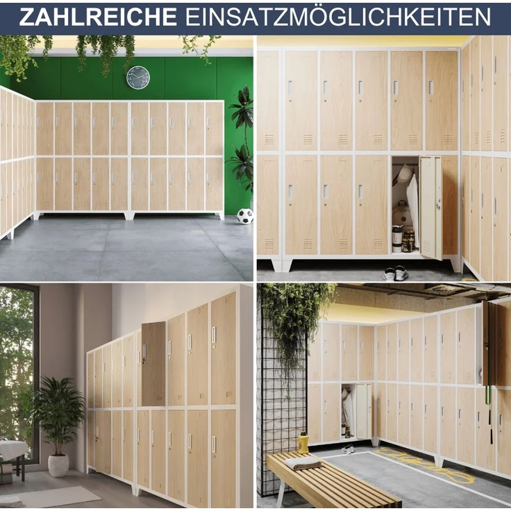 Umkleideschrank Spind BERLIN - 10 Abteile, Etikettenhalter Lüftungsschlitze | Umkleidespind Schließfachschrank Garderobenspind, 172x136x45cm Weiß-Sonoma Eiche – Bild 6
