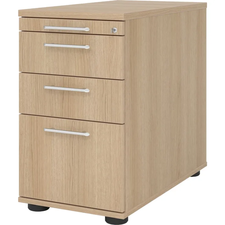 bümö Schreibtisch Schrank Büro mit Hängeregister für Hängeordner, Schubladenschrank Holz in Eiche, Container mit Schubladen & Hängeregistratur - Schreibtisch Kommode mit Relinggriffe, SC40-E-E-RE