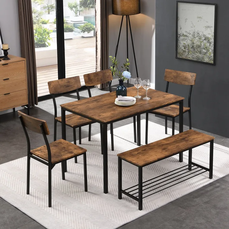Esstisch-Set Industrie-Stil, Tisch 75x70x110 cm + 4 Stühle + Bank, Braun/Schwarz, Stahl/MDF