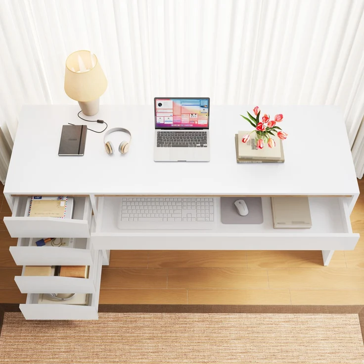 ZUBALIYA Schreibtisch 140x50 cm mit 5 Schubladen, Weiß/Eiche-Optik, Moderner Computertisch mit extra großer Arbeitsfläche, Schminktisch mit Stauraum, Bürotisch für Homeoffice, Schlafzimmer und Arbeitszimmer – Bild 5