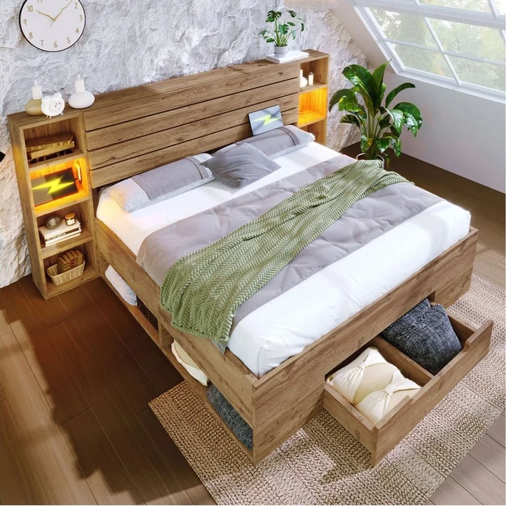HAUSS SPOLE Holzbett 180×200 mit LED-Beleuchtung und USB C Stauraum-Kopfteil und Schubladen (Struraumbett, Doppelbett Funktionsbett, 180×200cm, ohne Matratze), Stauraumbett Bettanlage mit LED-Beleuchtung und USB/Type C – Bild 5