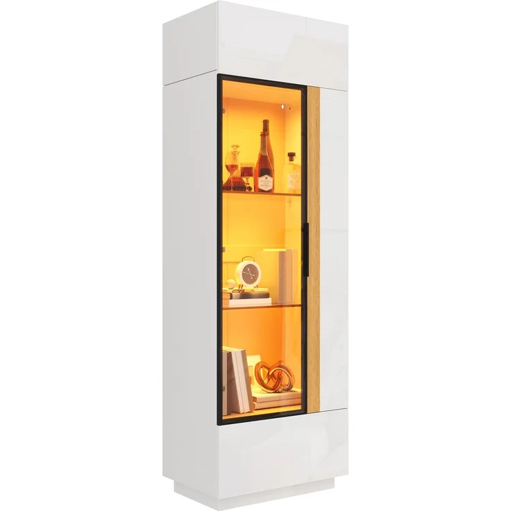 Vitrinenschrank 60x40x180 cm mit Glastür, LED-Beleuchtung und Hochglanzfronten – Weiß – Bild 6