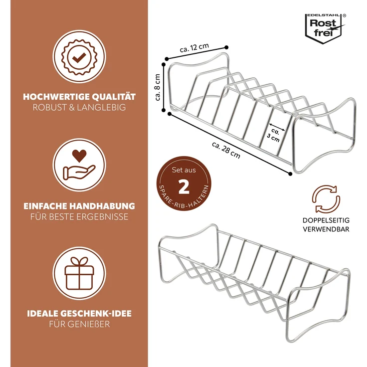 2in1 Spare Ribs- und Bratenhalter 2er Set, Rippchenhalter mit Tragegriffen, aus rostfreiem Edelstahl – Bild 7