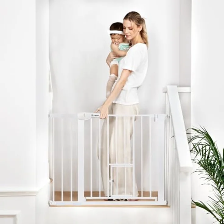 COMOMY Türschutzgitter mit Katzenklappe, 75-103cm Treppenschutzgitter ohne Bohren für Hunde und Katzen, Autoclose, Erweiterbar Türgitter Absperrgitter mit 7cm und 14cm Verlängerungen, Weiß – Bild 4