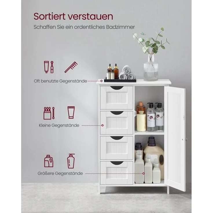 Vasagle Badezimmerschrank mit 4 Schubladen und verstellbarer Ablage, MDF weiß, 82 x 30 x 55 cm – Bild 3