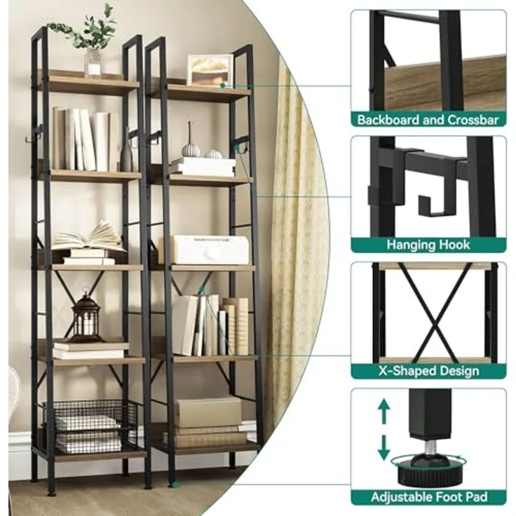 YITAHOME Schmal Bücherregal mit 5 Ebenen 35 cm Breit, Industrielles Leiterregal Standregal Holzregale und Metallrahmen, Modernes Regal für Wohnzimmer, Eichenfarbe – Bild 4