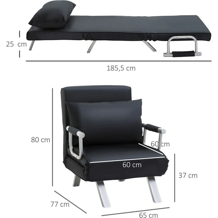 HOMCOM Sessel Schlafsessel mit Armlehne, 2-in-1 Gästebett (Klappbett, 1-St, Schlafsofa), für Wohnzimmer, Schwarz – Bild 3