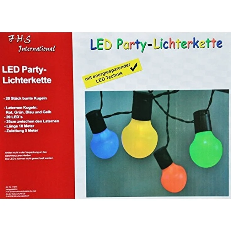 LED Party-Lichterkette 10 m, mit 20 Birnen bunt für innen und außen – Bild 2