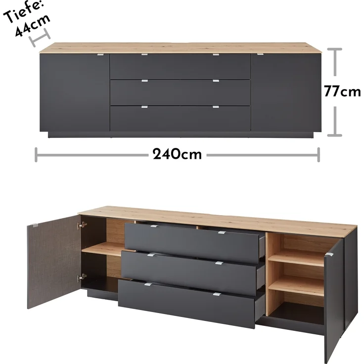 Lowboard >Core< in schwarz supermatt Dekor, MDF, Spannplatte - 240x77x44 (BxHxT) – Bild 4