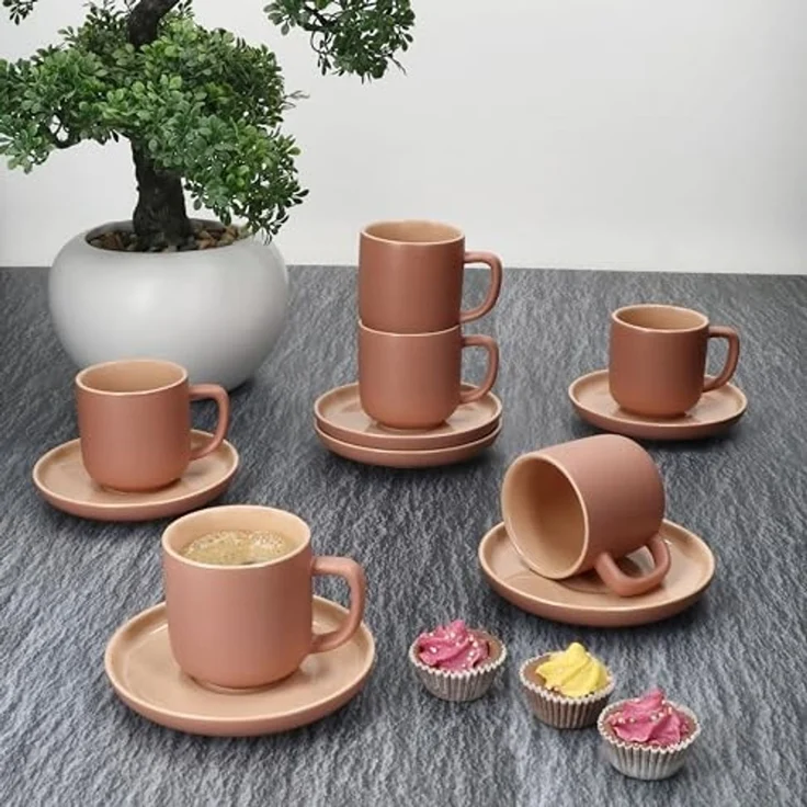 Ritzenhoff & Breker Tasse Ritzenhoff 6er Set Jasper Espressotassen mit Untertassen Puder, Steingut – Bild 3