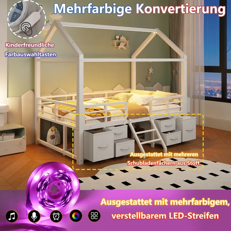 EINHOM Hochbett 90 x 200 cm mit Hausdach, LED-Beleuchtung Kinderbett aus Metall mit mehreren Stoffschubladen, Weiß (Ohne Matratze) – Bild 6
