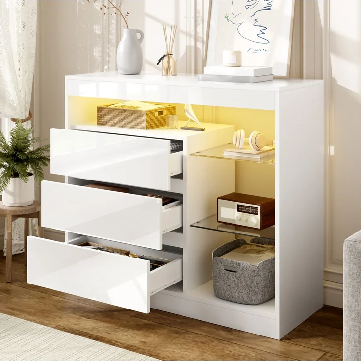 Sideboard 90 x 35 x 80 cm mit 3 Schubladen, Glasböden und LED-Beleuchtung – Weiß Hochglanz – Bild 2