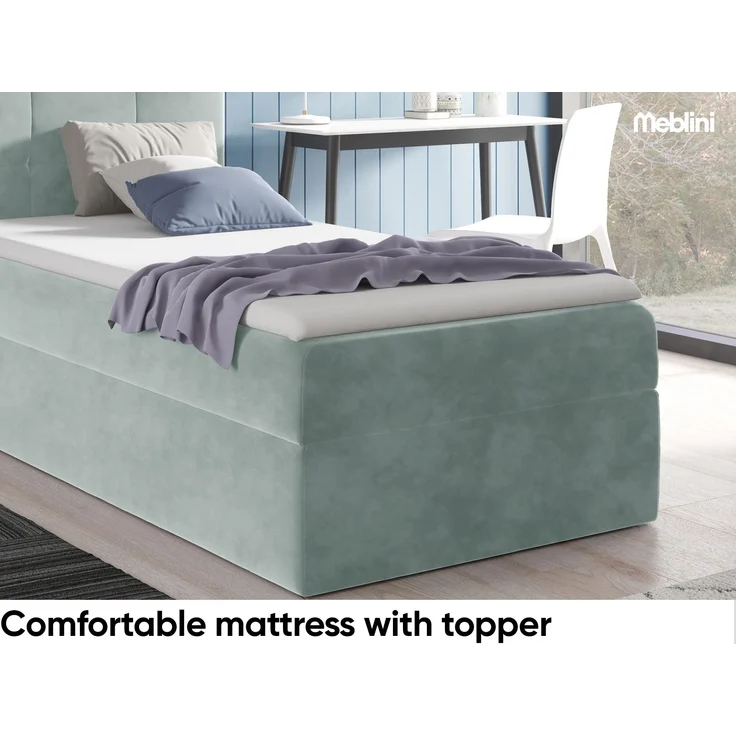 MEBLINI Kinderbett mit Bettkasten MINO 2 90x200 Rechts – H3/Blaugrau Samt Gepolstert Einzelbett mit Matratze - Polsterbett mit Stauraum - Bett mit Kopfteil – Stauraumbett – Bild 4