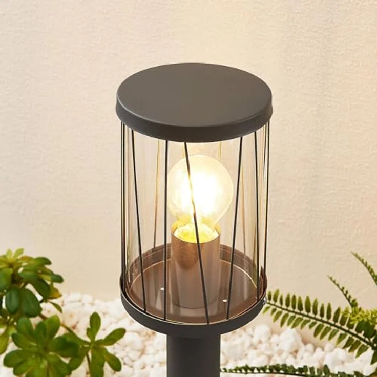 Lindby Außenleuchte Yonan, spritzwassergeschützt in Schwarz, Edelstahl, 1-flammig, E27, Wegeleuchte Pollerleuchte Sockelleuchte – Bild 5