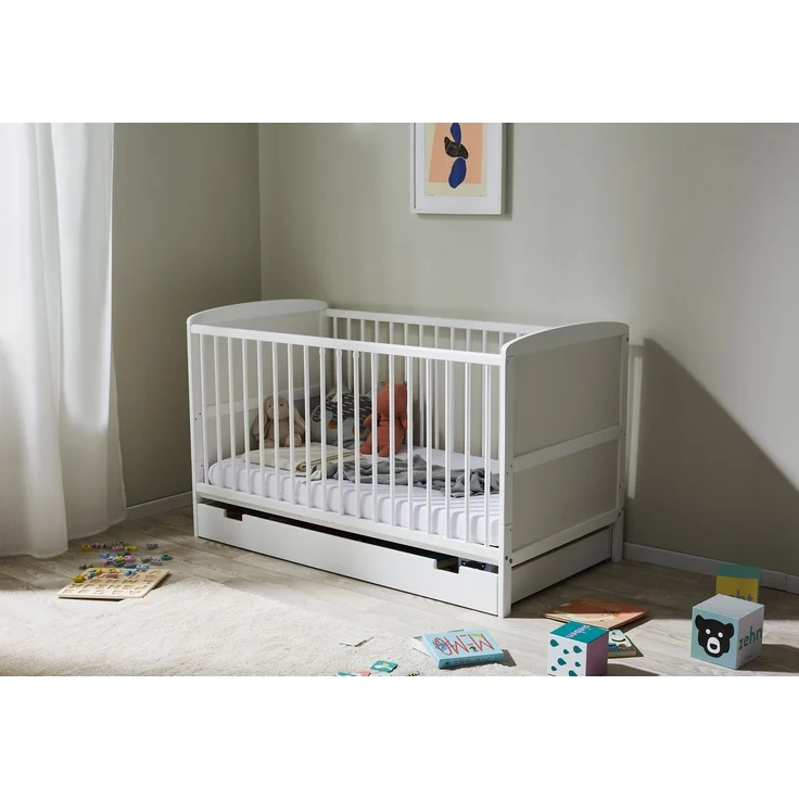 Kids Collective Babybett Kinderbett 70x140 cm umbaubares Gitterbett höhenverstellbar, herausnehmbare Sprossen, weiss Vollholz Kiefer, mit Schublade – Bild 2