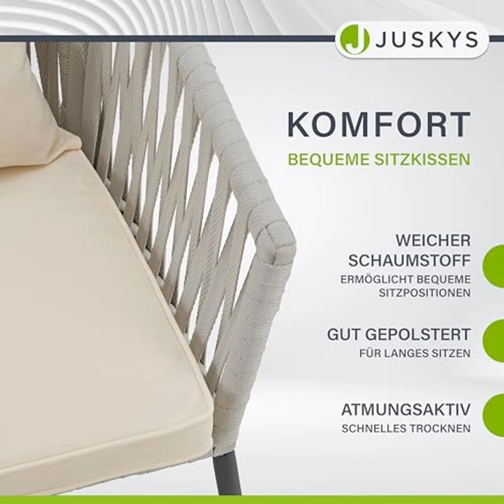 Juskys Rope Stühle 2er Set - Gartenstühle mit Seilgeflecht & Polster – wetterfester & bis 160 kg belastbar - Stahl mit Pulverbeschichtung - Hellgrau – Bild 7