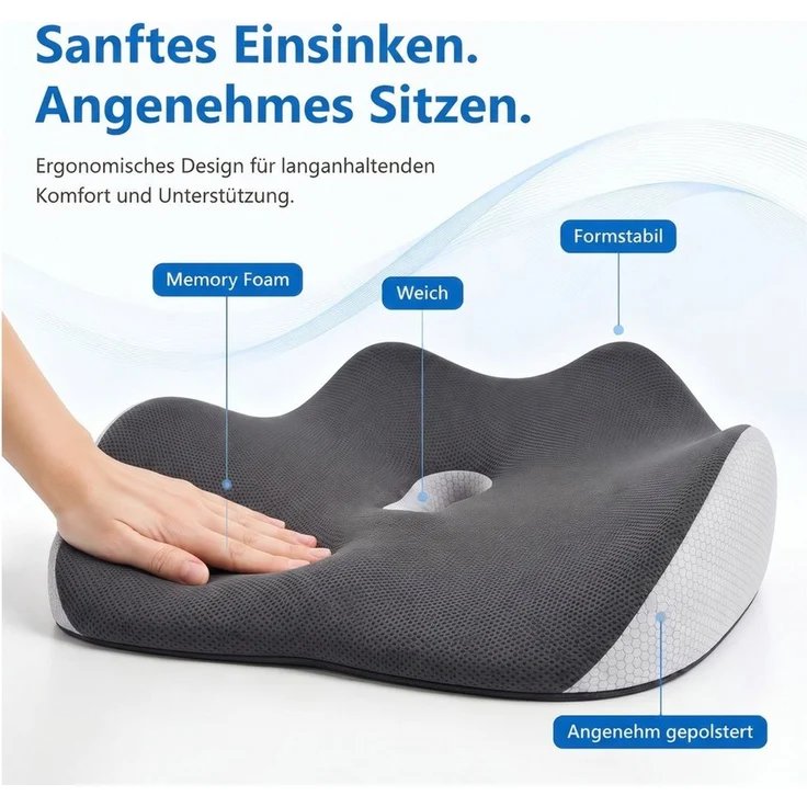 AIMAX Steißbeinkissen Hämorrhoiden Sitzkissen Orthopädisch Ergonomisch Multi-Stützkissen, Memory-Foam Sitzkissen für Bürostuhl, Auto & Zuhause, Rollstuhl, 1-tlg, Rutschfest, Atmungsaktiv, Komfortkissen mit waschbarem Bezug, Stuhlkissen zur Linderung vo... – Bild 4