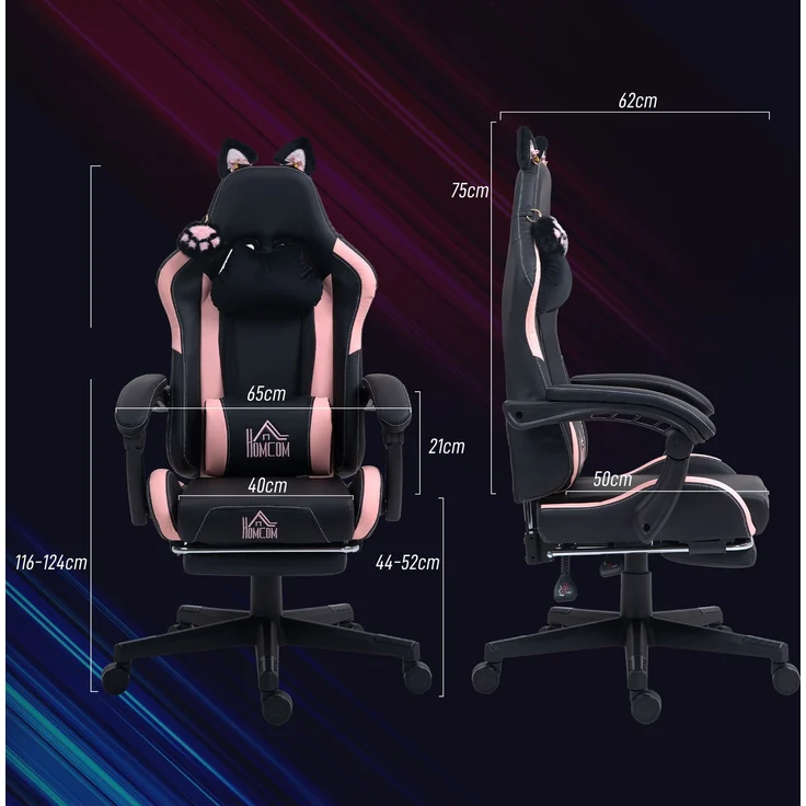 MELAYR, Liegender Gamer-Stuhl mit höhenverstellbarer, einziehbarer Fußstütze, 65 x 62 x 124 cm, Schwarz – Bild 5