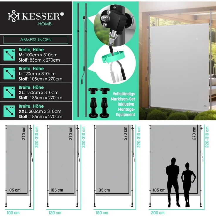 KESSER® Klemmmarkise Senkrechtmarkise außen Ausziehbar & Blickdicht | Vertikalmarkise mit Handkurbel ohne Bohren | Balkon-Sichtschutz & Windschutz für Garten & Terrasse Wasserfest Grau, 150 x 310 cm – Bild 7