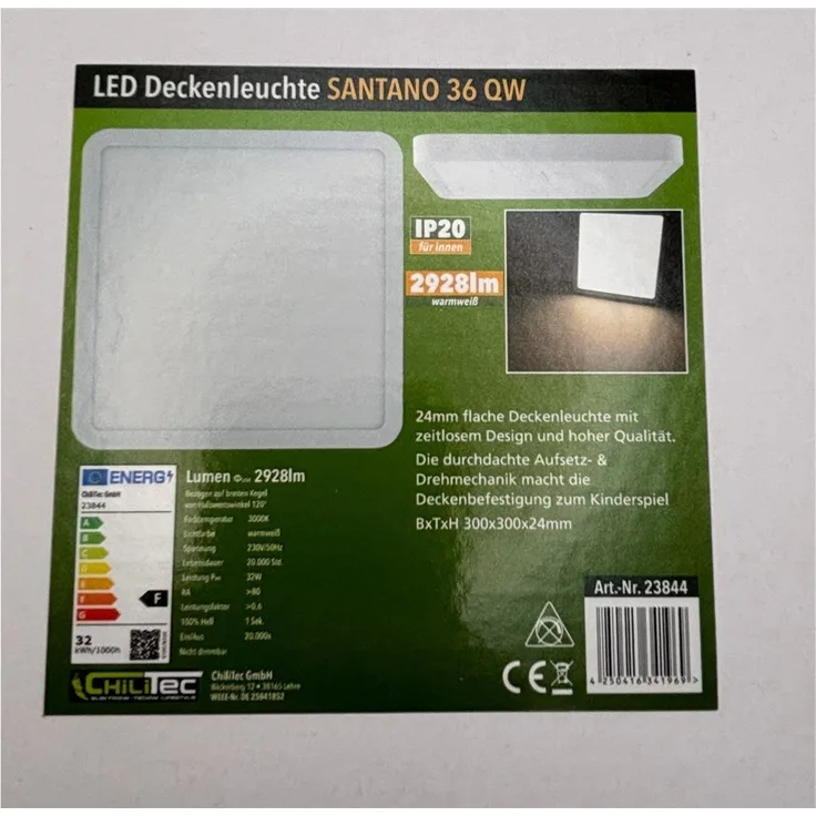 LED Deckenleuchte "Santano 36 Qw" 30x30cm, 32W, 2928lm, 2900K warmweiß