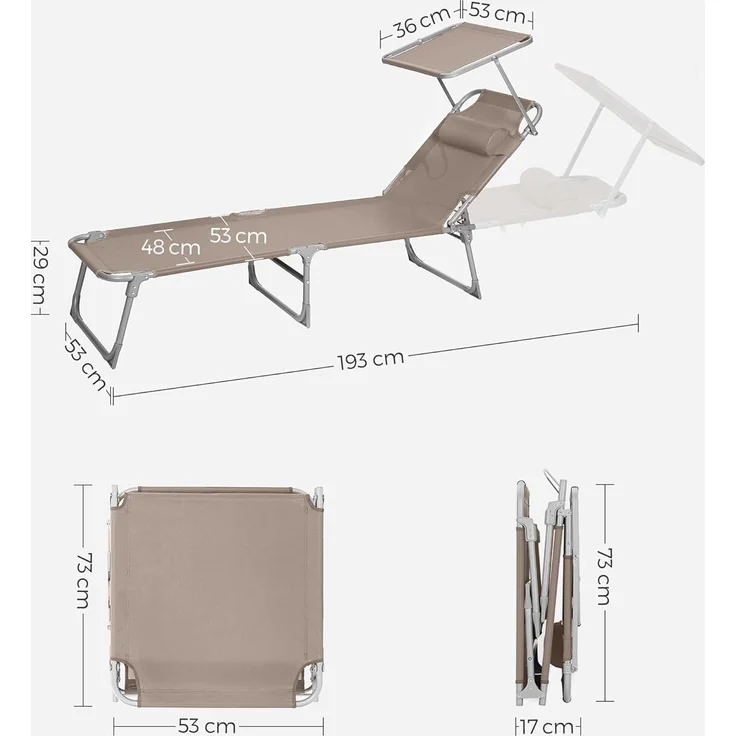 Songmics Sonnenliege, Klappliege, 193 x 53 x 29 cm, Tragkraft 150 kg, mit Sonnenblende und neigbarer Rückenlehne, für Garten, Pool, Terrasse, Taupe GCB192K01 – Bild 3