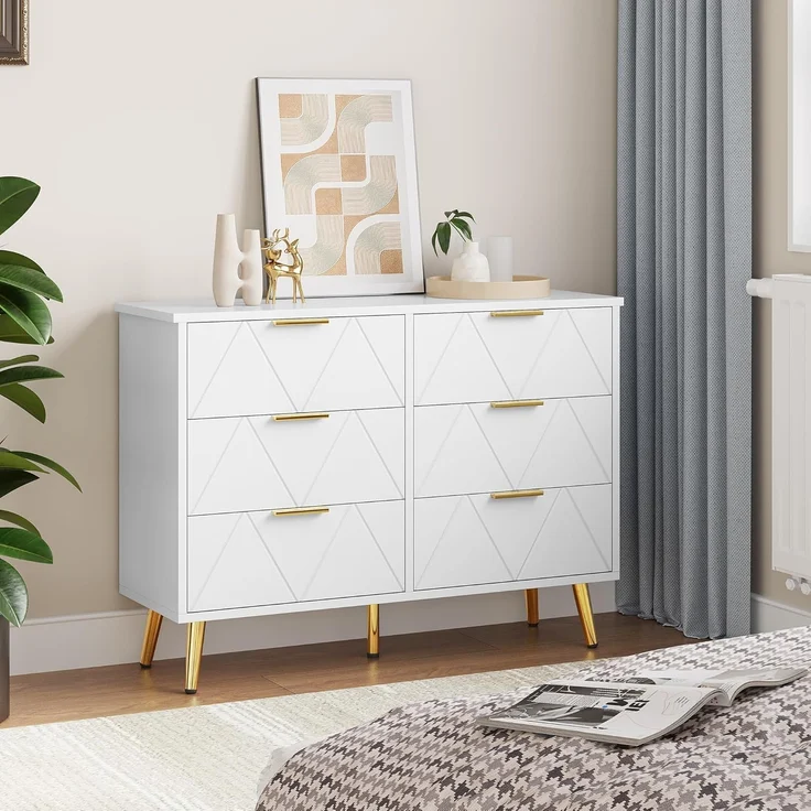 YITAHOME Kommode Schlafzimmer, Zeitgenössische 6 Schubladen, Schlafzimmermöbel, Breite Kommode Holz, Schlafzimmer Aufbewahrungseinheit, Schiebeschubladen, Büro Lounge Möbel Aufbewahrungsschrank, Weiß – Bild 7
