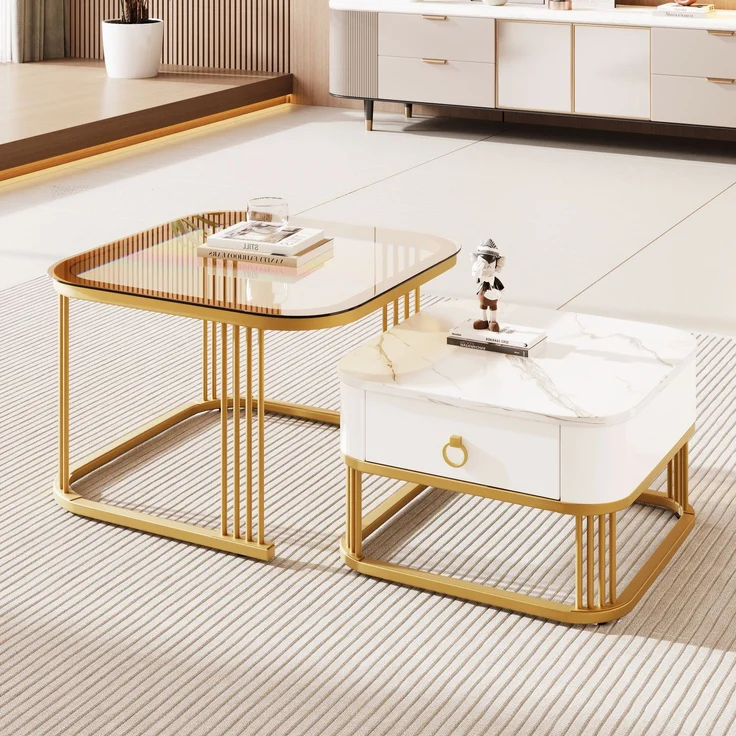 Couchtisch set 60×60+50×50 cm Hochglanz Marmoroptik Weiß und Gold und Teebraun,Kaffeetisch mit Schublade – Bild 7
