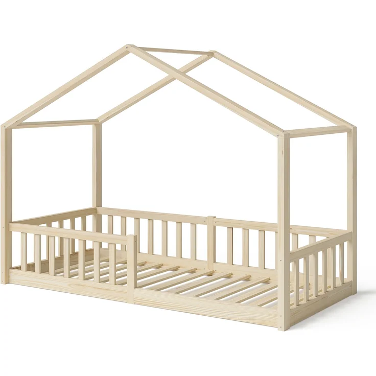Bellabino 'Bia' Hausbett 80x160 cm mit Matratze, natur, Kiefer Massivholz, Bodenbett in Hausoptik, Montessori Kinderbett mit Rausfallschutz und Lattenrost – Bild 2