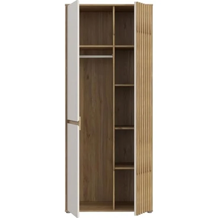 Forte ELISTON Kleiderschrank 80 90, moderner Kleiderschrank mit Lamellendesign, 2-türig, Holzwerkstoff, Schlafzimmer, Mauvella Eiche Holzdekor|Kashmir Beige, 84 cm breit x 200,1 cm hoch x 54 cm tief – Bild 5