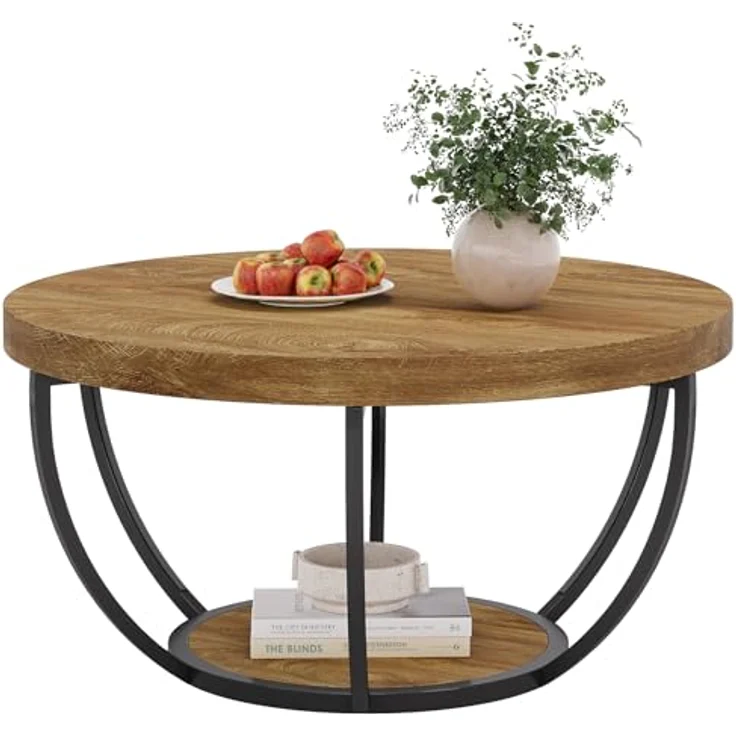 LITTLE TREE Runder Couchtisch, 81,3 cm, runder Couchtisch für Wohnzimmer, 2-stöckiger Holzakzent-Mitteltisch mit offenem Stauraum, Industrie-Design, Wohnmöbel, Hellbraun – Bild 10